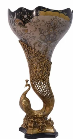 Casa Padrino Jugendstil Vase Pfau Messing / Porzellan 37.5 x H 72 cm - Barock Rokoko Home Deko