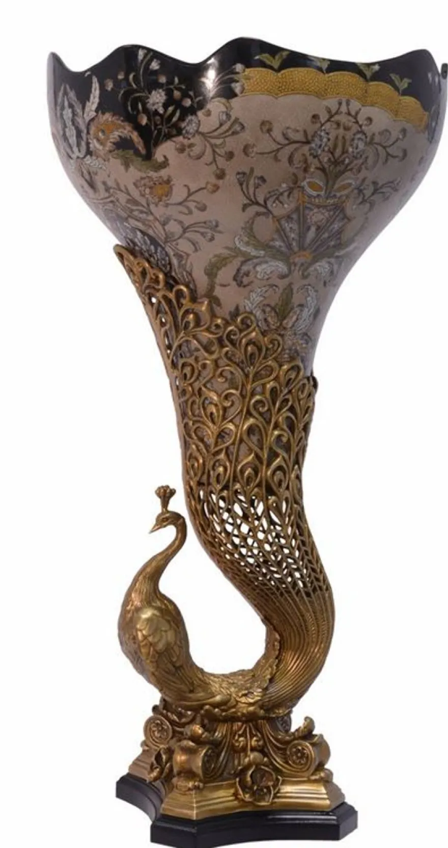 Casa Padrino Jugendstil Vase Pfau Messing / Porzellan 37.5 x H 72 cm - Barock Rokoko Home Deko