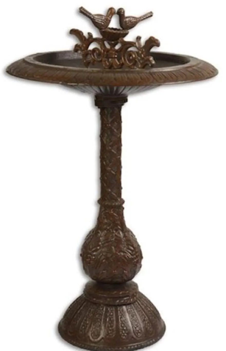 Casa Padrino Jugendstil Vogelbad mit 2 dekorativen Vögelchen Braun H. 77,5 cm - Gusseisen Vogeltränke - Garten & Terrassen Deko Accessoires