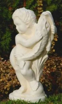 Casa Padrino Jugendstil Wasserspeier Skulptur Junge mit Fisch Sandfarben H. 48 cm - Elegante Wasserspeier Stein Figur - Barock & Jugendstil Garten Deko Accessoires