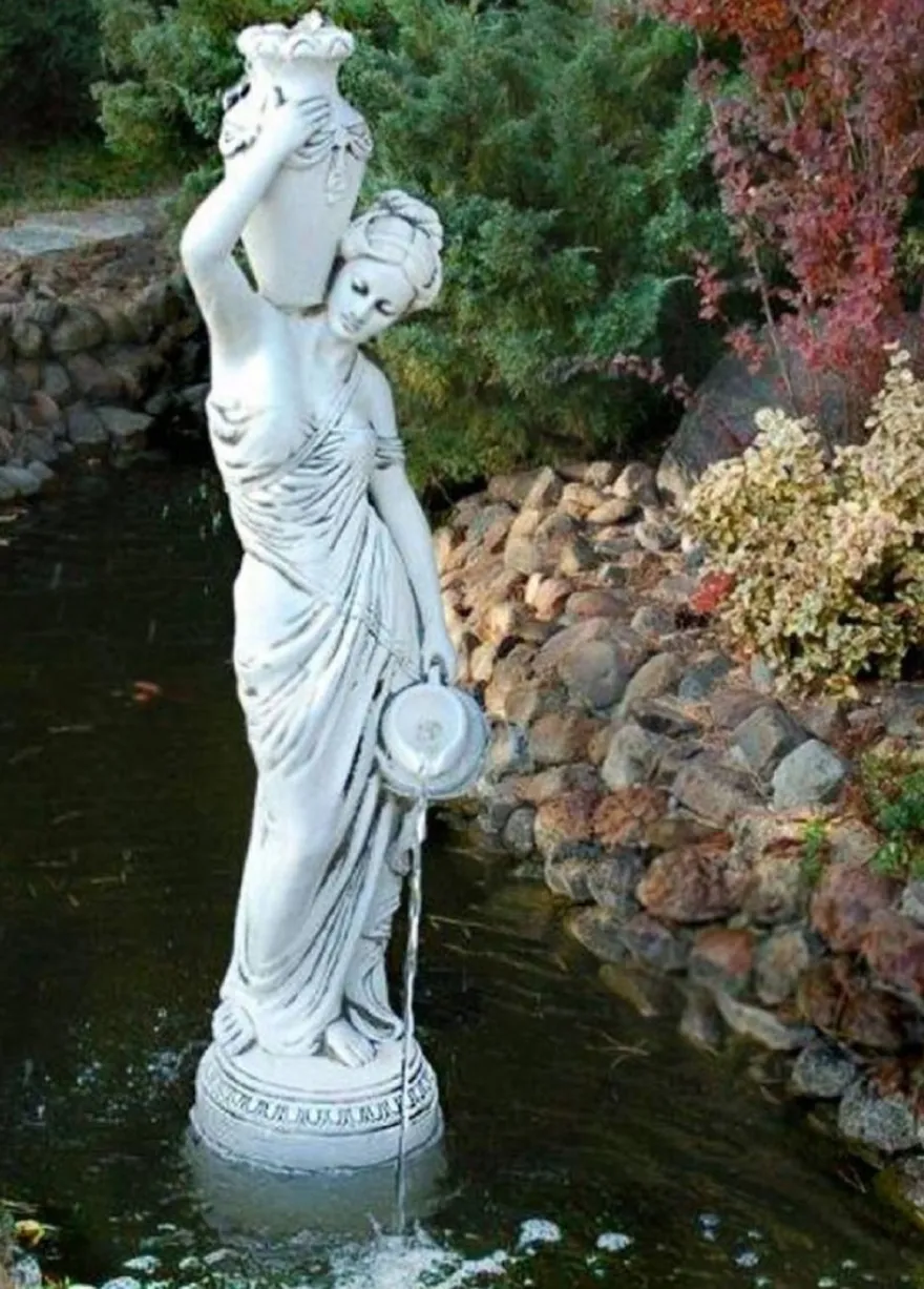 Casa Padrino Jugendstil Wasserspeier Skulptur Frau mit Vase und Krug Grau H. 135 cm - Elegante Wasserspeier Stein Figur - Barock & Jugendstil Garten Deko Accessoires