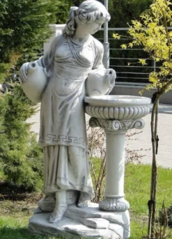 Casa Padrino Jugendstil Wasserspeier Skulptur Frau mit Krügen und Brunnen Grau 60 x 39 x H. 140 cm - Elegante Wasserspeier Stein Figur - Barock & Jugendstil Garten Deko Accessoires