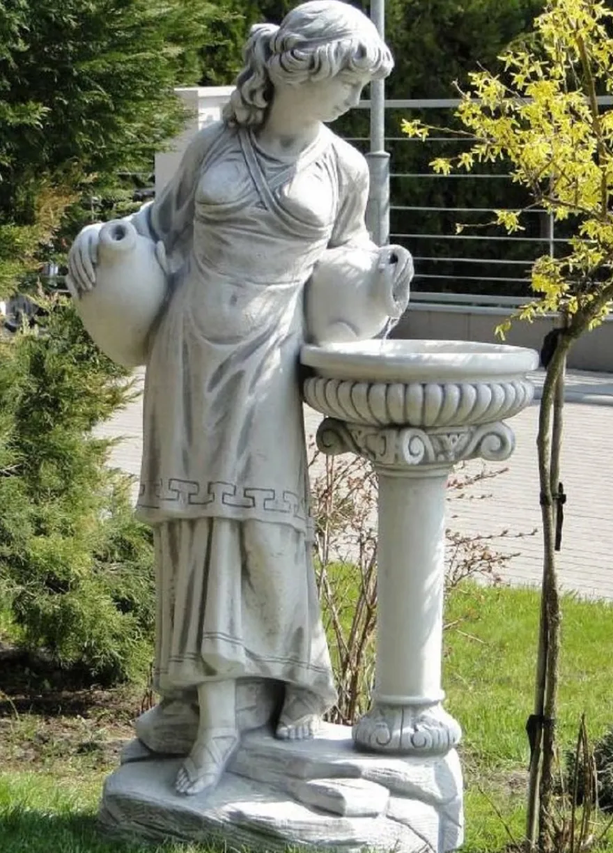 Casa Padrino Jugendstil Wasserspeier Skulptur Frau mit Krügen und Brunnen Grau 60 x 39 x H. 140 cm - Elegante Wasserspeier Stein Figur - Barock & Jugendstil Garten Deko Accessoires