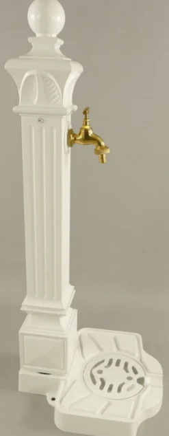 Casa Padrino Jugendstil Wassersäule Weiß / Gold 33 x 29 x H. 83 cm - Nostalgische Aluminium Wasserzapfsäule mit Messing Wasserhahn - Barock & Jugendstil Garten Accessoires