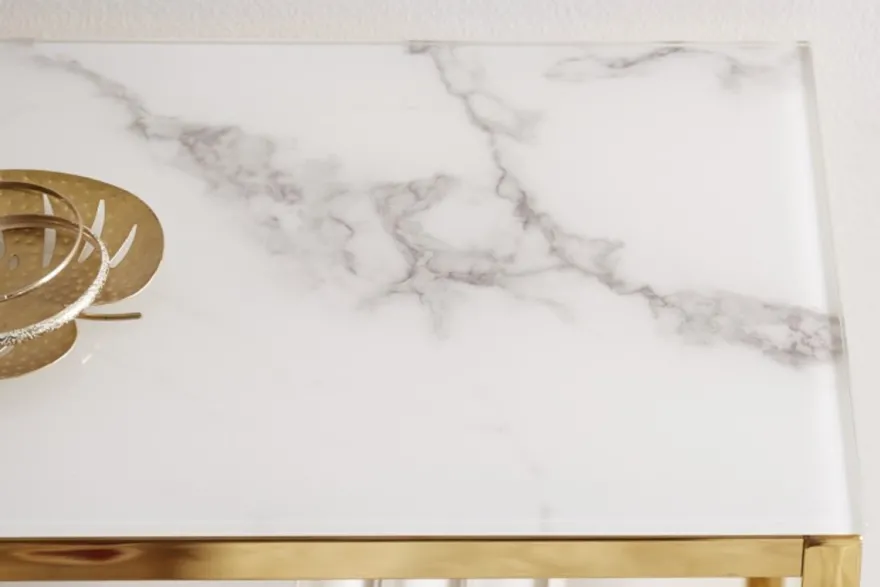 Casa Padrino Konsole Gold / Weiß / Grau Marmor Look 80 x 26 x H. 80 cm - Konsolentisch mit Glasplatte - Wohnzimmer Möbel