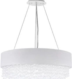 Casa Padrino Kristall Hängeleuchte Silber / Weiß Ø 60 x H. 21 cm - Außergewöhnliche runde Leuchte mit Metallrahmen und Stoffbezug