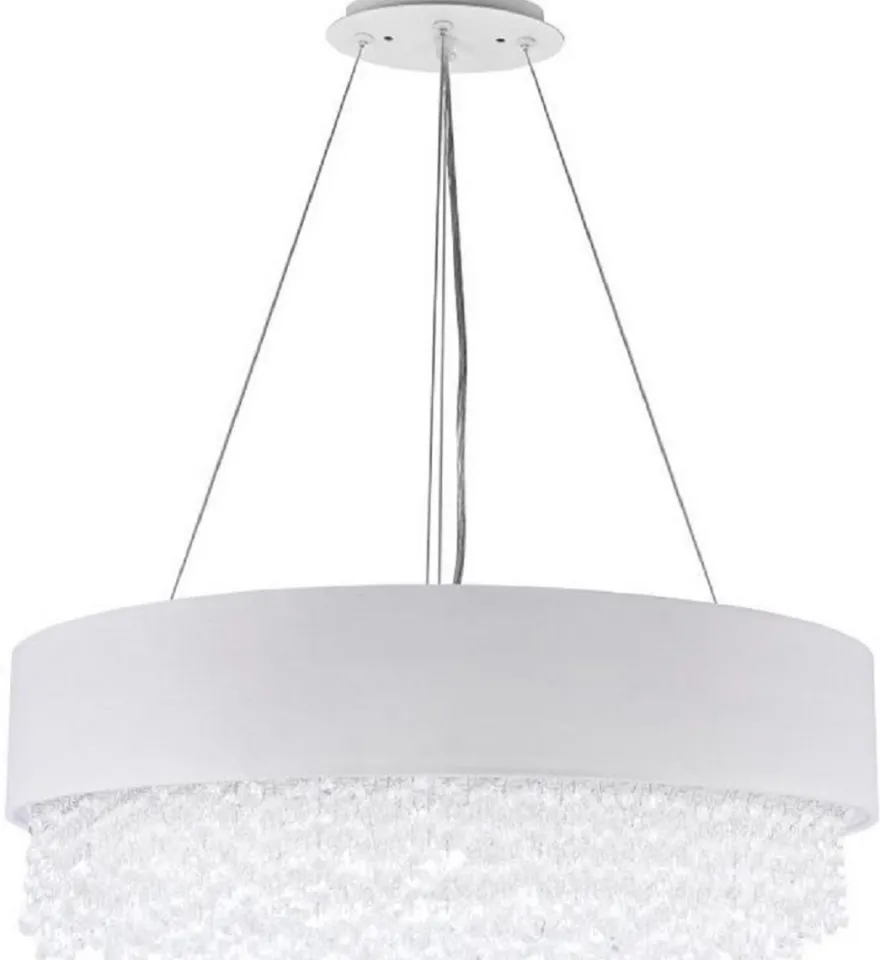 Casa Padrino Kristall Hängeleuchte Silber / Weiß Ø 60 x H. 21 cm - Außergewöhnliche runde Leuchte mit Metallrahmen und Stoffbezug