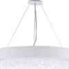 Casa Padrino Kristall Hängeleuchte Silber / Weiß 72 x 27 x H. 21 cm - Außergewöhnliche ovale Leuchte mit Metallrahmen und Stoffbezug