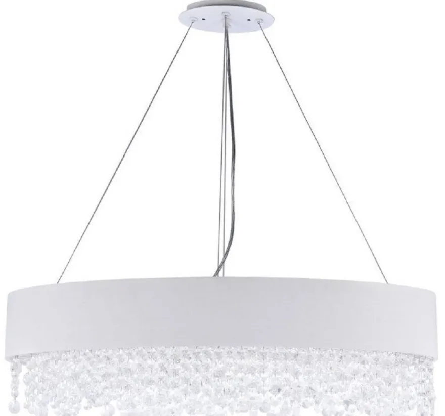 Casa Padrino Kristall Hängeleuchte Silber / Weiß 72 x 27 x H. 21 cm - Außergewöhnliche ovale Leuchte mit Metallrahmen und Stoffbezug