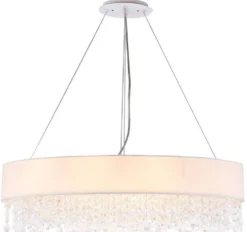 Casa Padrino Kristall Hängeleuchte Silber / Weiß 72 x 27 x H. 21 cm - Außergewöhnliche ovale Leuchte mit Metallrahmen und Stoffbezug