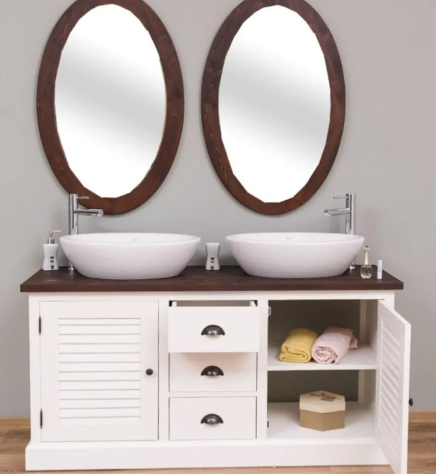 Casa Padrino Landhausstil Badezimmer Set Weiß / Dunkelbraun - 1 Doppelwaschtisch & 2 Wandspiegel - Massivholz Badezimmermöbel im Landhausstil