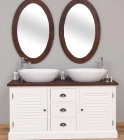 Casa Padrino Landhausstil Badezimmer Set Weiß / Dunkelbraun - 1 Doppelwaschtisch & 2 Wandspiegel - Massivholz Badezimmermöbel im Landhausstil