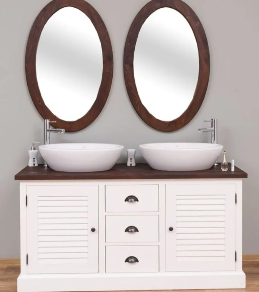 Casa Padrino Landhausstil Badezimmer Set Weiß / Dunkelbraun - 1 Doppelwaschtisch & 2 Wandspiegel - Massivholz Badezimmermöbel im Landhausstil