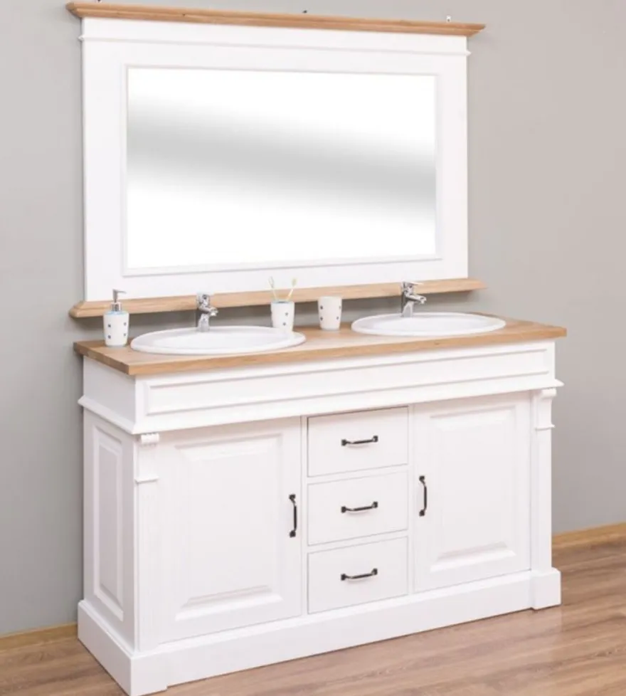 Casa Padrino Landhausstil Badezimmer Set Weiß / Naturfarben - 1 Doppelwaschtisch & 1 Wandspiegel - Massivholz Badezimmermöbel im Landhausstil