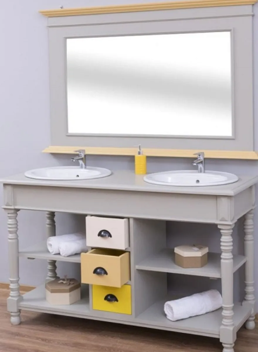 Casa Padrino Landhausstil Badezimmer Set Grau / Naturfarben / Mehrfarbig - 1 Doppelwaschtisch & 1 Wandspiegel - Massivholz Badezimmermöbel im Landhausstil