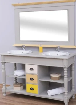 Casa Padrino Landhausstil Badezimmer Set Grau / Naturfarben / Mehrfarbig - 1 Doppelwaschtisch & 1 Wandspiegel - Massivholz Badezimmermöbel im Landhausstil