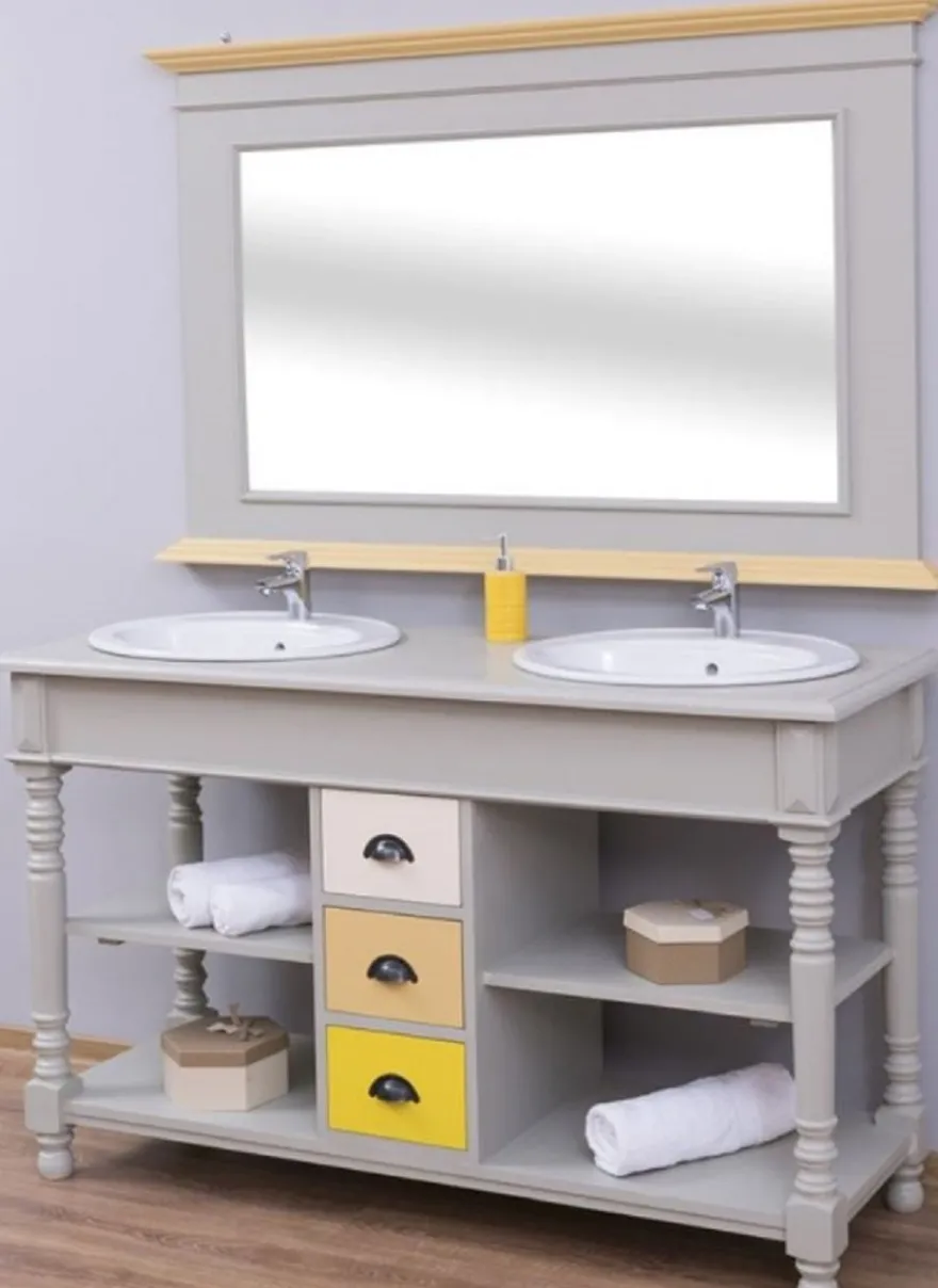 Casa Padrino Landhausstil Badezimmer Set Grau / Naturfarben / Mehrfarbig - 1 Doppelwaschtisch & 1 Wandspiegel - Massivholz Badezimmermöbel im Landhausstil