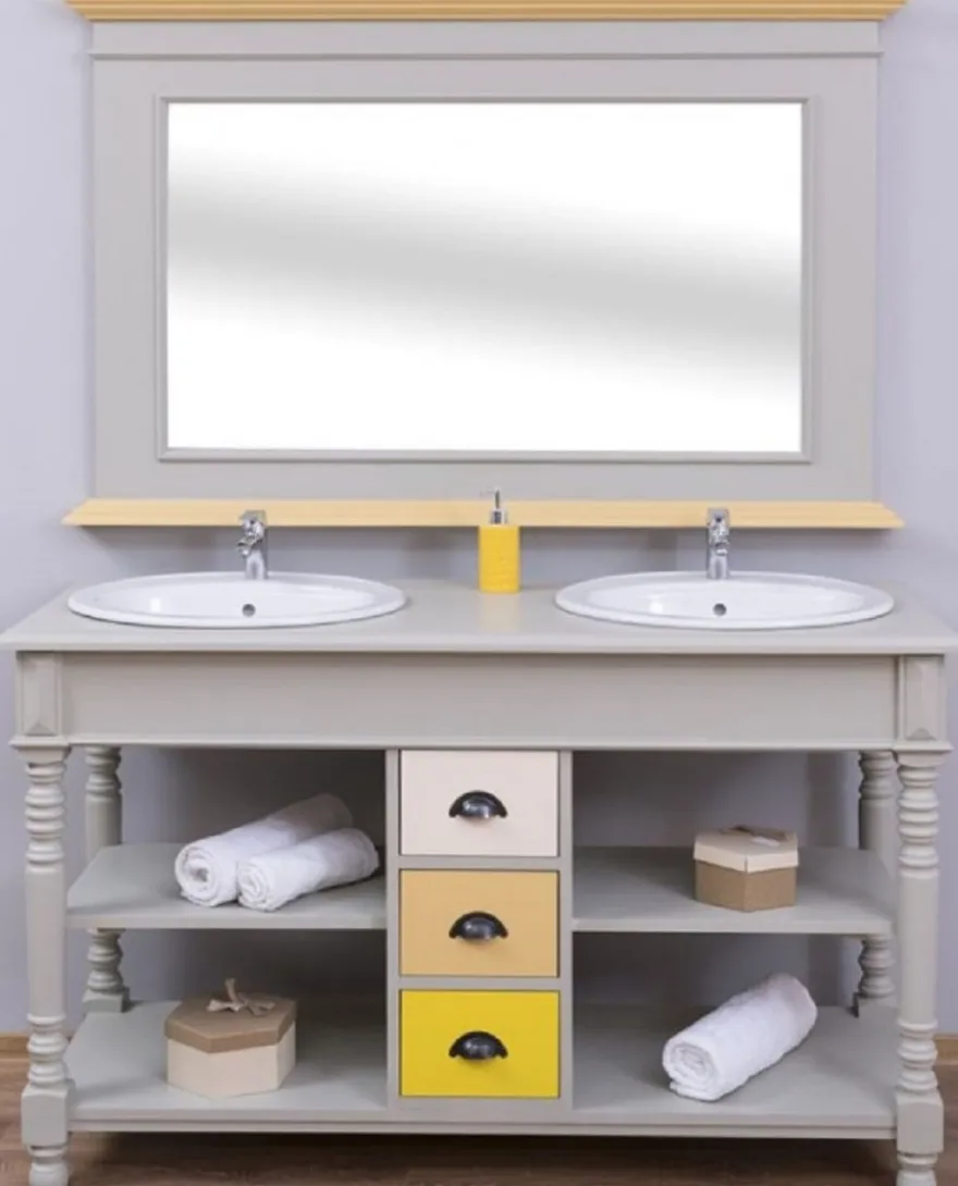 Casa Padrino Landhausstil Badezimmer Set Grau / Naturfarben / Mehrfarbig - 1 Doppelwaschtisch & 1 Wandspiegel - Massivholz Badezimmermöbel im Landhausstil