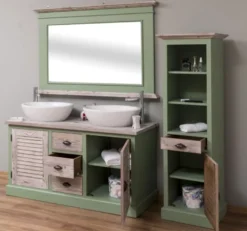 Casa Padrino Landhausstil Badezimmer Set Grün / Naturfarben - 1 Doppelwaschtisch & 1 Wandspiegel & 1 Regalschrank - Massivholz Badezimmer Möbel im Landhausstil