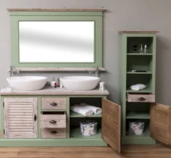 Casa Padrino Landhausstil Badezimmer Set Grün / Naturfarben - 1 Doppelwaschtisch & 1 Wandspiegel & 1 Regalschrank - Massivholz Badezimmer Möbel im Landhausstil