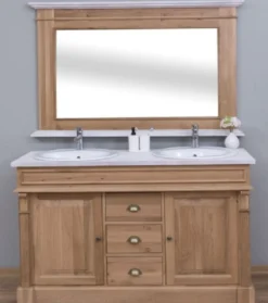 Casa Padrino Landhausstil Badezimmer Set Braun / Weiß - 1 Doppelwaschtisch & 2 Waschbecken & 2 Wasserhähne & 1 Wandspiegel - Massivholz Badezimmermöbel im Landhausstil