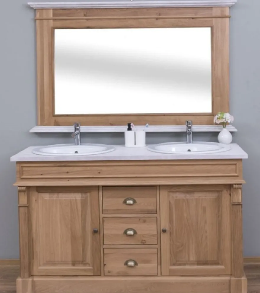 Casa Padrino Landhausstil Badezimmer Set Braun / Weiß - 1 Doppelwaschtisch & 2 Waschbecken & 2 Wasserhähne & 1 Wandspiegel - Massivholz Badezimmermöbel im Landhausstil