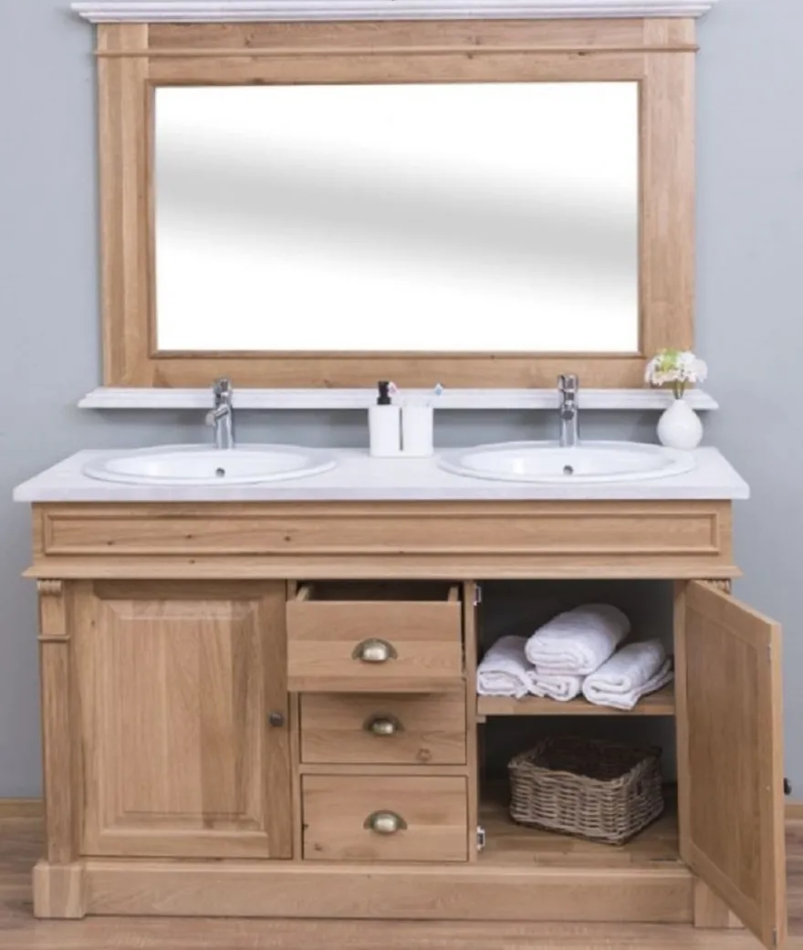 Casa Padrino Landhausstil Badezimmer Set Braun / Weiß - 1 Doppelwaschtisch & 2 Waschbecken & 2 Wasserhähne & 1 Wandspiegel - Massivholz Badezimmermöbel im Landhausstil