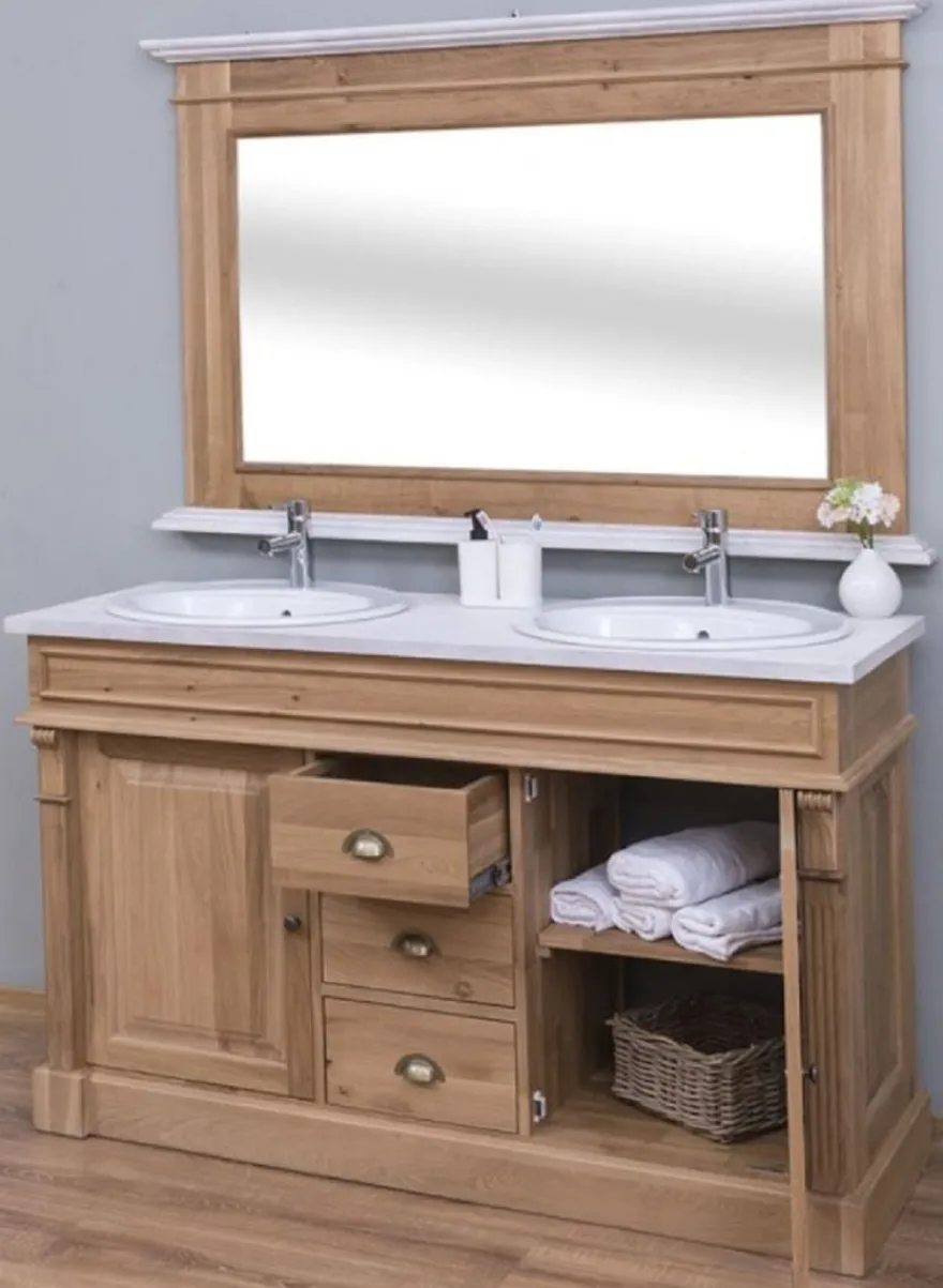 Casa Padrino Landhausstil Badezimmer Set Braun / Weiß - 1 Doppelwaschtisch & 2 Waschbecken & 2 Wasserhähne & 1 Wandspiegel - Massivholz Badezimmermöbel im Landhausstil