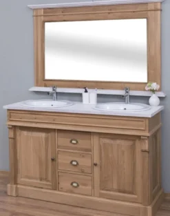 Casa Padrino Landhausstil Badezimmer Set Braun / Weiß - 1 Doppelwaschtisch & 2 Waschbecken & 2 Wasserhähne & 1 Wandspiegel - Massivholz Badezimmermöbel im Landhausstil