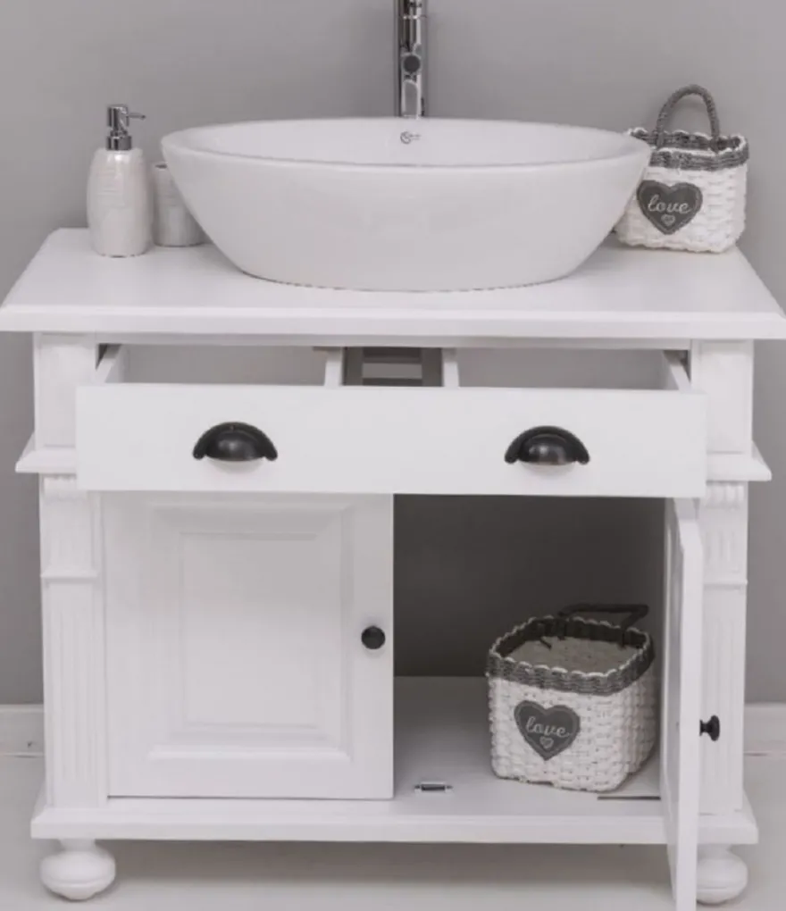 Casa Padrino Landhausstil Badezimmer Set Weiß - 1 Waschbeckenschrank & 1 Ovales Keramik Waschbecken - Badezimmer Möbel im Landhausstil - Landhausstil Möbel - Landhausstil Badezimmer Einrichtung