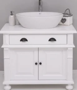 Casa Padrino Landhausstil Badezimmer Set Weiß - 1 Waschbeckenschrank & 1 Ovales Keramik Waschbecken - Badezimmer Möbel im Landhausstil - Landhausstil Möbel - Landhausstil Badezimmer Einrichtung