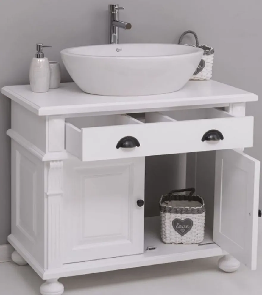 Casa Padrino Landhausstil Badezimmer Set Weiß - 1 Waschbeckenschrank & 1 Ovales Keramik Waschbecken - Badezimmer Möbel im Landhausstil - Landhausstil Möbel - Landhausstil Badezimmer Einrichtung