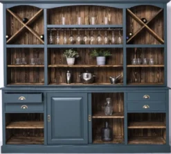Casa Padrino Landhausstil Barschrank Blau / Dunkelbraun 240 x 50 x H. 210 cm - Massivholz Weinschrank im Landhausstil - Landhausstil Möbel - Bar Möbel im Landhausstil - Landhausstil Einrichtung