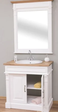 Casa Padrino Landhausstil Badezimmer Set Weiß / Naturfarben - 1 Waschtisch & 1 Wandspiegel - Massivholz Badezimmer Möbel im Landhausstil