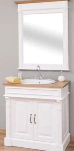 Casa Padrino Landhausstil Badezimmer Set Weiß / Naturfarben - 1 Waschtisch & 1 Wandspiegel - Massivholz Badezimmer Möbel im Landhausstil