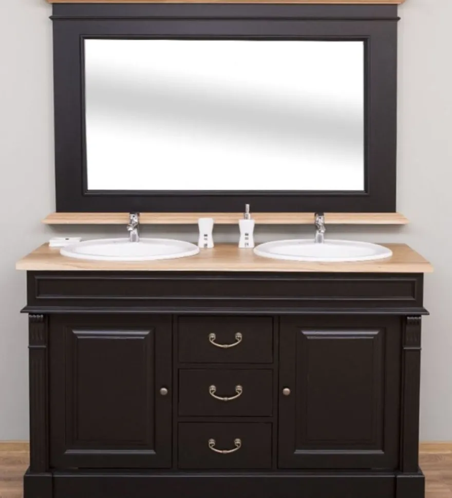 Casa Padrino Landhausstil Badezimmer Set Schwarz / Naturfarben - 1 Doppelwaschtisch & 1 Wandspiegel - Massivholz Badezimmermöbel im Landhausstil
