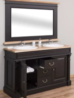 Casa Padrino Landhausstil Badezimmer Set Schwarz / Naturfarben - 1 Doppelwaschtisch & 1 Wandspiegel - Massivholz Badezimmermöbel im Landhausstil