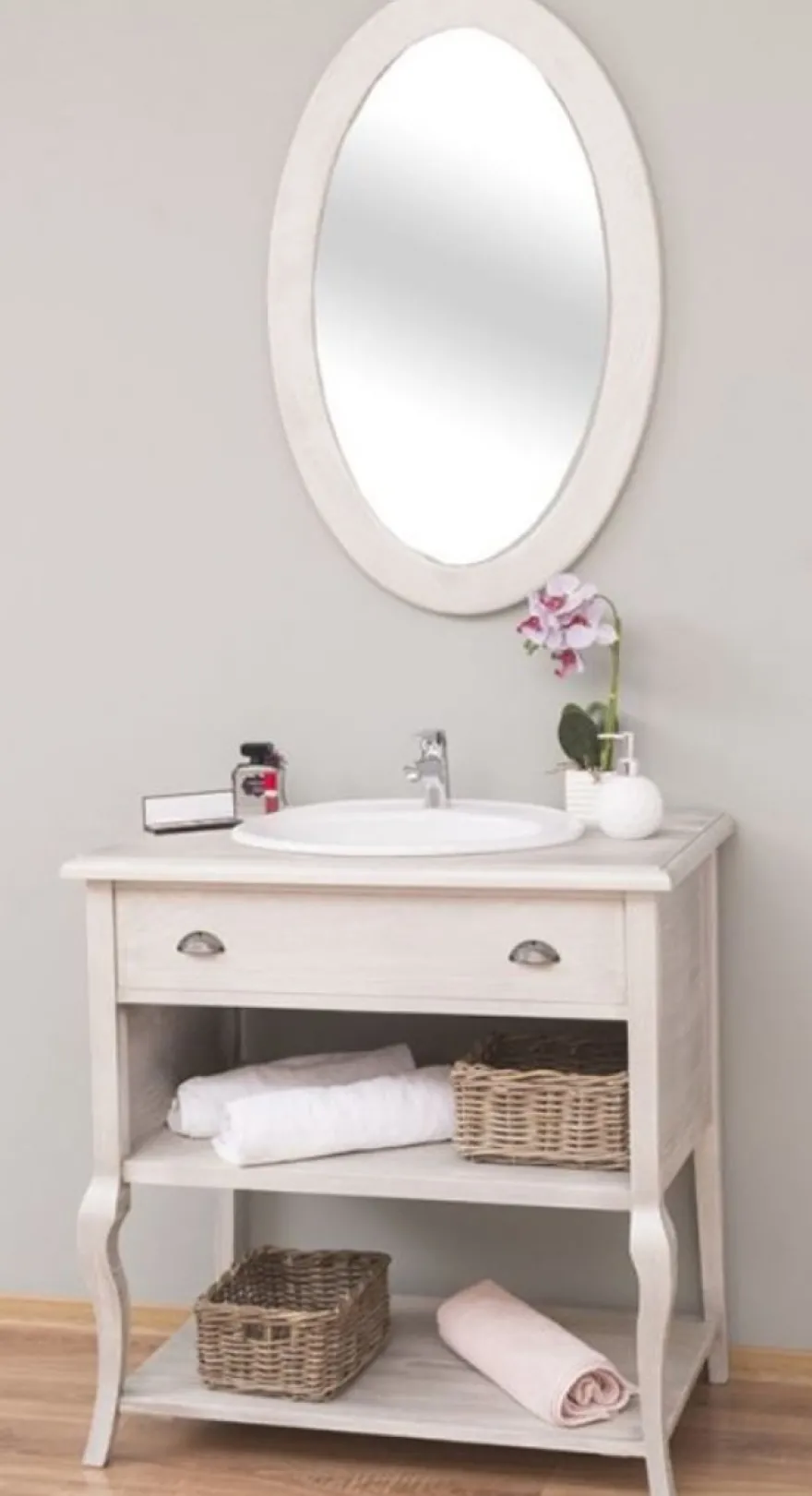 Casa Padrino Landhausstil Badezimmer Set Hellgrau - 1 Waschtisch mit Schublade & 1 Wandspiegel - Landhausstil Badezimmer Möbel