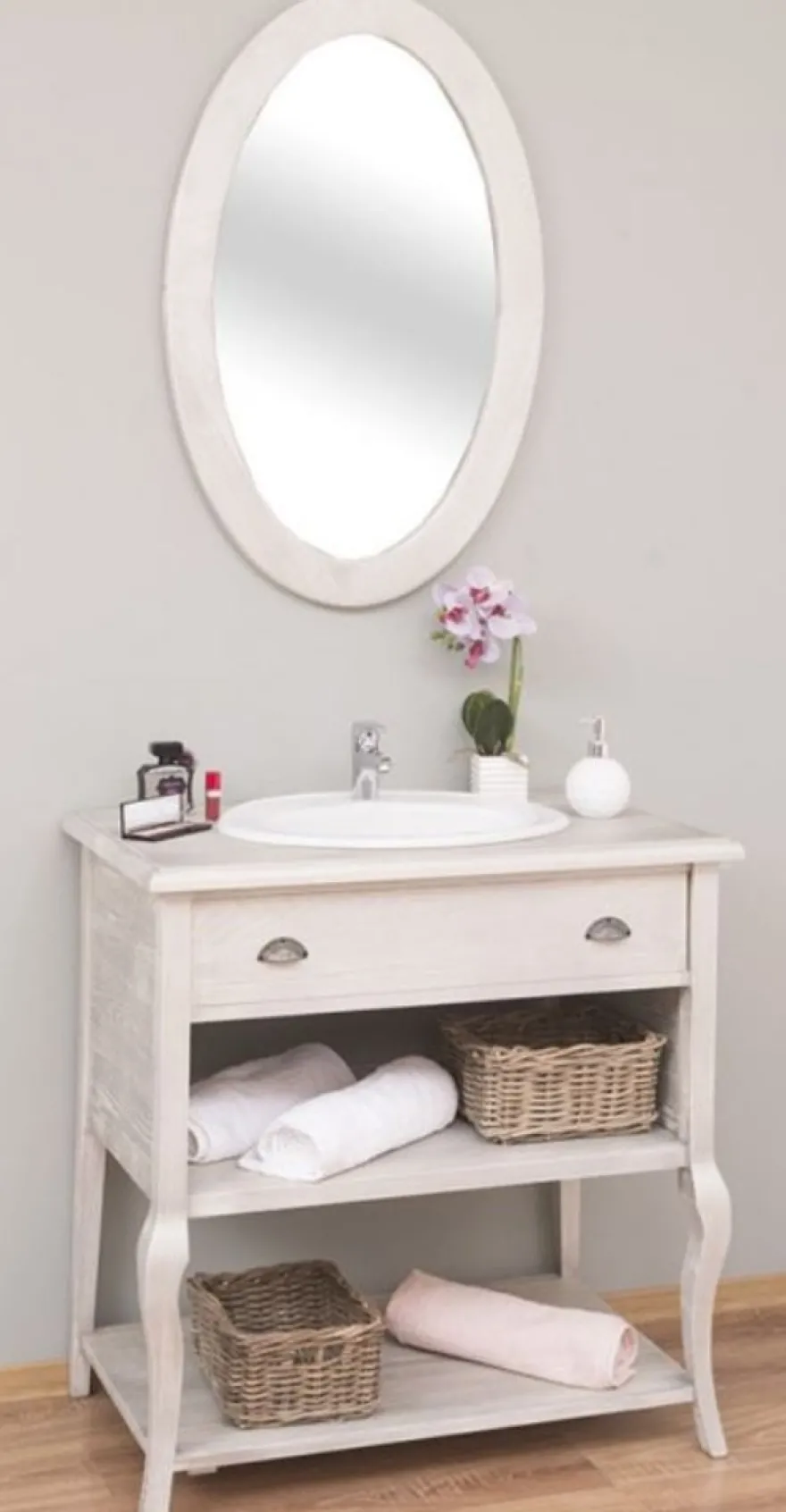 Casa Padrino Landhausstil Badezimmer Set Hellgrau - 1 Waschtisch mit Schublade & 1 Wandspiegel - Landhausstil Badezimmer Möbel