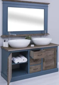 Casa Padrino Landhausstil Badezimmer Set Blau / Dunkelbraun - 1 Doppelwaschtisch & 2 Waschbecken & 2 Wasserhähne & 1 Wandspiegel - Massivholz Badezimmermöbel im Landhausstil