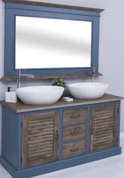 Casa Padrino Landhausstil Badezimmer Set Blau / Dunkelbraun - 1 Doppelwaschtisch & 2 Waschbecken & 2 Wasserhähne & 1 Wandspiegel - Massivholz Badezimmermöbel im Landhausstil