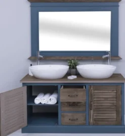 Casa Padrino Landhausstil Badezimmer Set Blau / Dunkelbraun - 1 Doppelwaschtisch & 2 Waschbecken & 2 Wasserhähne & 1 Wandspiegel - Massivholz Badezimmermöbel im Landhausstil