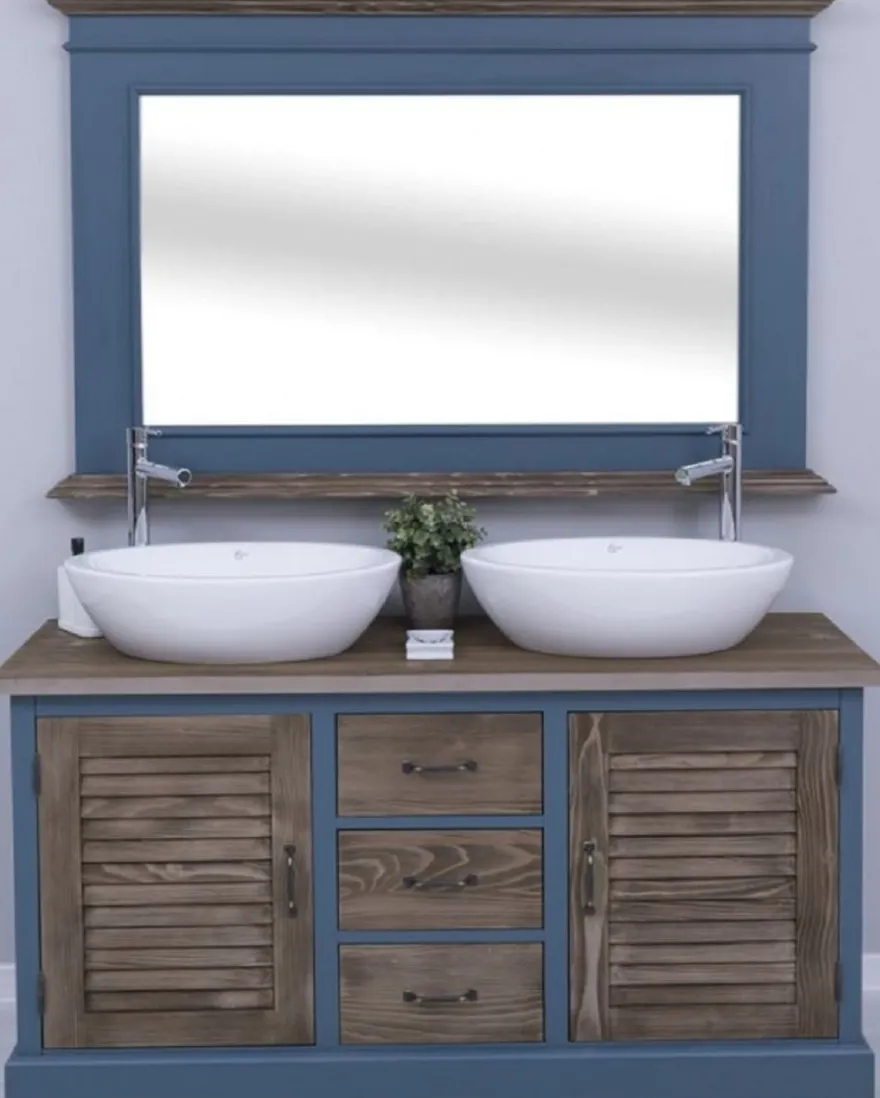 Casa Padrino Landhausstil Badezimmer Set Blau / Dunkelbraun - 1 Doppelwaschtisch & 2 Waschbecken & 2 Wasserhähne & 1 Wandspiegel - Massivholz Badezimmermöbel im Landhausstil