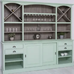 Casa Padrino Landhausstil Barschrank Mintgrün / Grau 240 x 50 x H. 210 cm - Massivholz Weinschrank im Landhausstil - Landhausstil Möbel - Bar Möbel im Landhausstil - Landhausstil Einrichtung