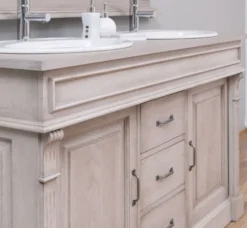 Casa Padrino Landhausstil Badezimmer Set Grau - 1 Doppelwaschtisch & 2 Waschbecken & 2 Wasserhähne & 1 Wandspiegel - Massivholz Badezimmermöbel im Landhausstil