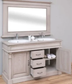 Casa Padrino Landhausstil Badezimmer Set Grau - 1 Doppelwaschtisch & 2 Waschbecken & 2 Wasserhähne & 1 Wandspiegel - Massivholz Badezimmermöbel im Landhausstil