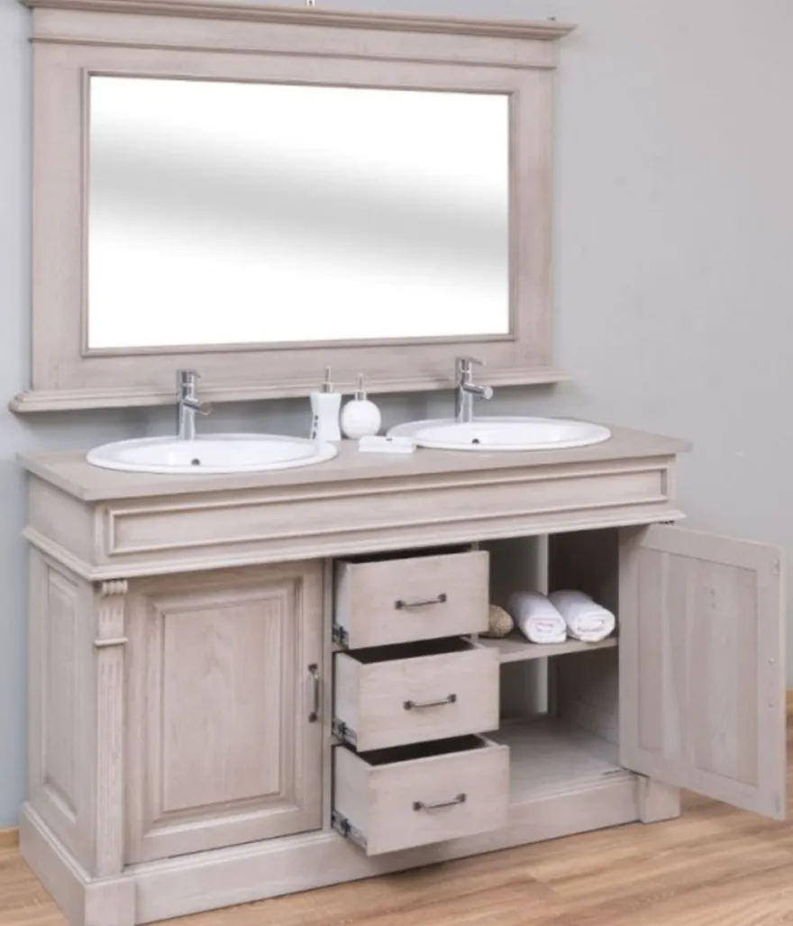 Casa Padrino Landhausstil Badezimmer Set Grau - 1 Doppelwaschtisch & 2 Waschbecken & 2 Wasserhähne & 1 Wandspiegel - Massivholz Badezimmermöbel im Landhausstil