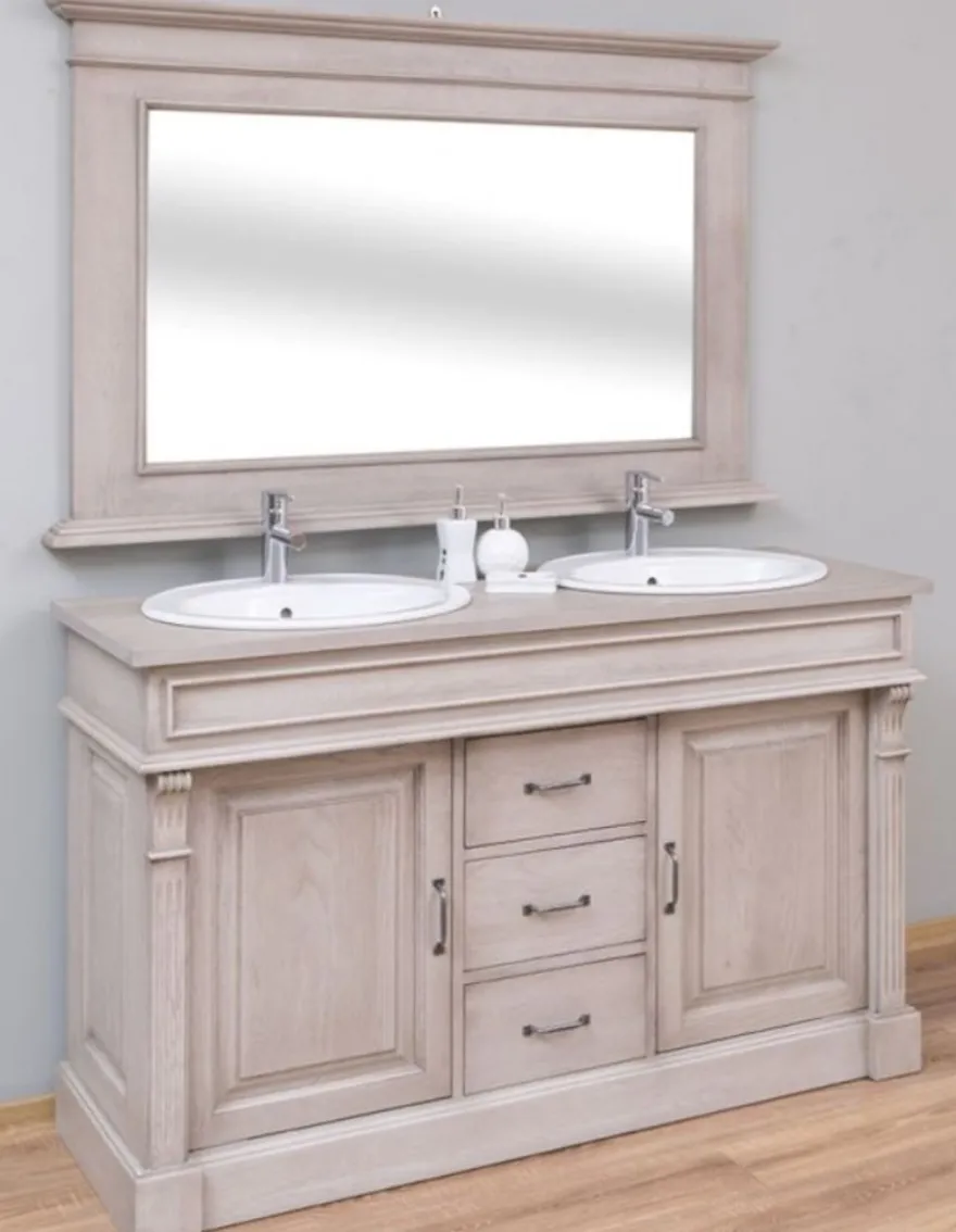 Casa Padrino Landhausstil Badezimmer Set Grau - 1 Doppelwaschtisch & 2 Waschbecken & 2 Wasserhähne & 1 Wandspiegel - Massivholz Badezimmermöbel im Landhausstil