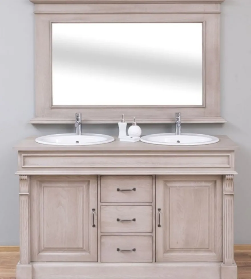 Casa Padrino Landhausstil Badezimmer Set Grau - 1 Doppelwaschtisch & 2 Waschbecken & 2 Wasserhähne & 1 Wandspiegel - Massivholz Badezimmermöbel im Landhausstil
