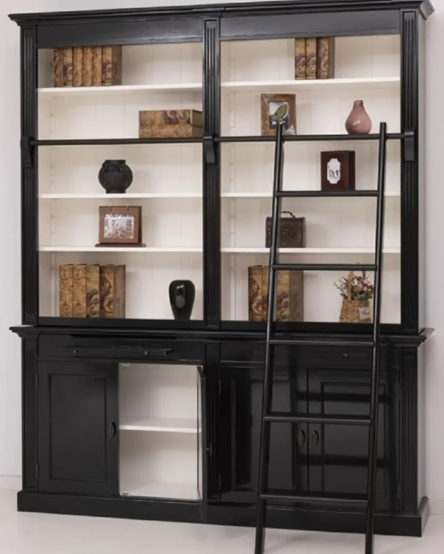 Casa Padrino Landhausstil Bücherschrank mit Leiter Schwarz / Weiß 200 x 40 x H. 240 cm - Massivholz Schrank - Wohnzimmerschrank - Regalschrank - Büroschrank - Landhausstil Möbel